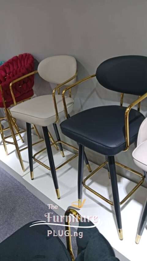 Luxury Leather High Back Bar Stool with Golden Arm Rest