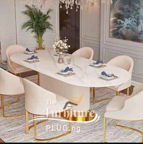 Luxury Contemporary Marble Top 6 Seater Dining Set with Gold and Cream Detail