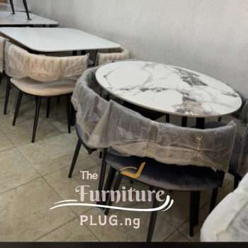 Classy 4 Seater Marble Top Round Dining Table Set with Fabric Chairs