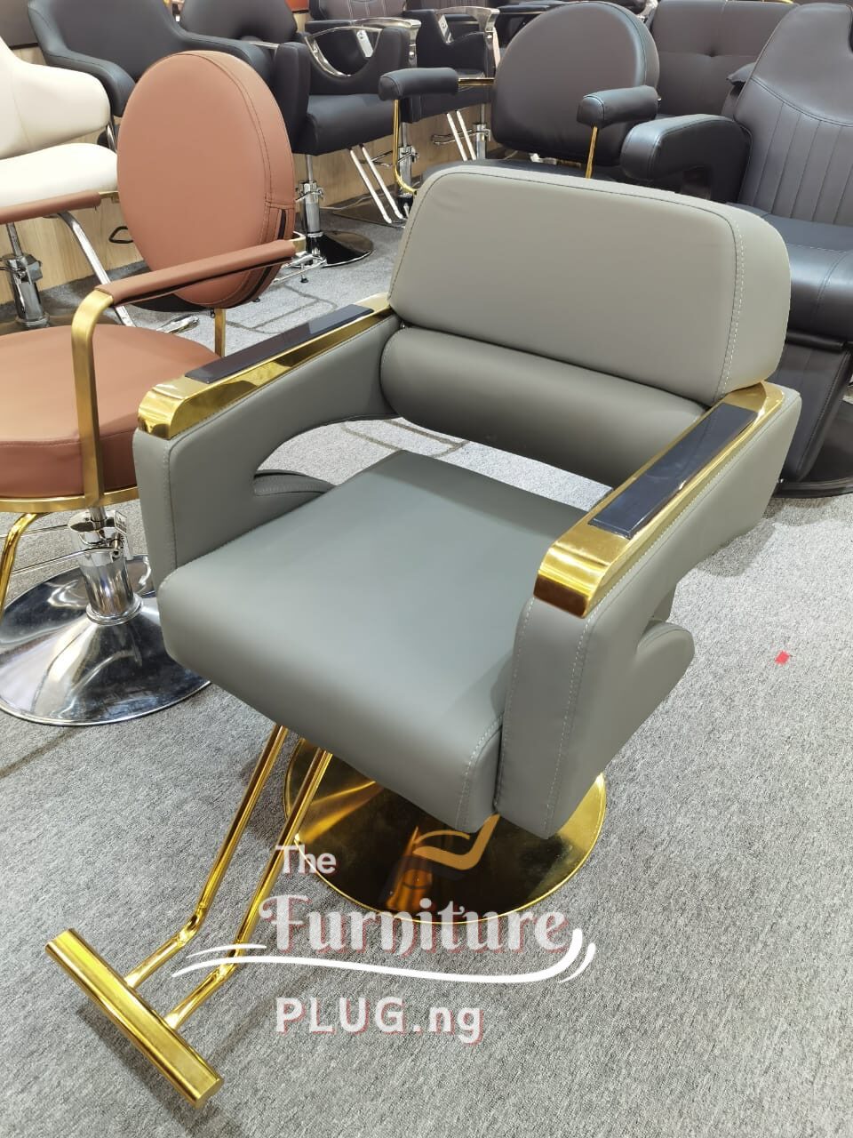 Quality Hair Salon Barber and Spa Adjustable Chair - Leather 2 Quality Grey Leather with gold frame Saloon barber hairdresser chair furniture buy in Nigeria