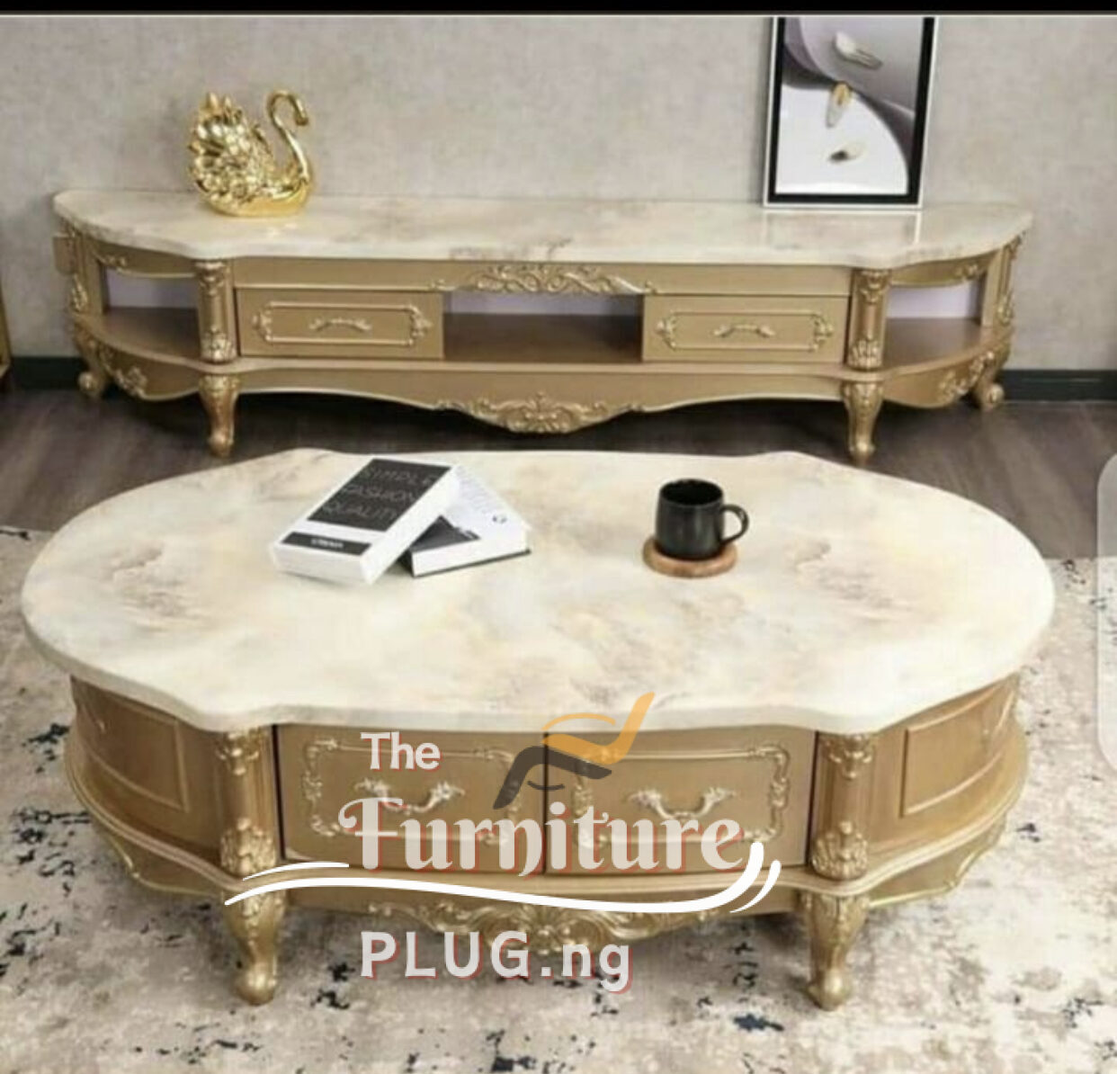 Luxury Royal Living Room TV Stand and Center Table Set - Marble Top 2 Luxury Royal Living Room TV Stand and Center Table Set - Marble Top