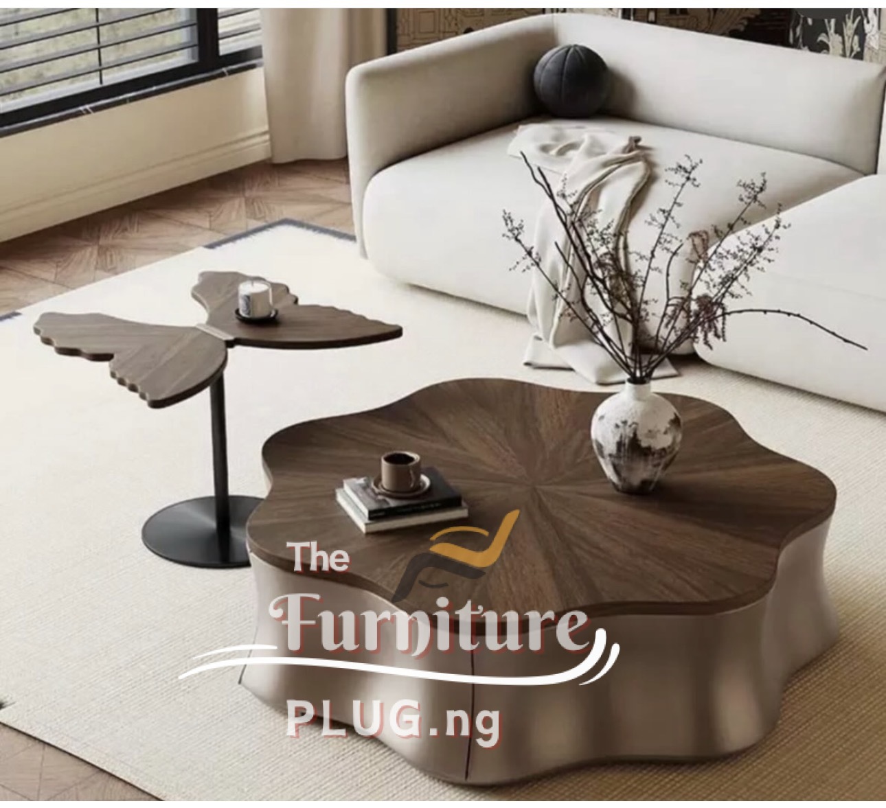 Luxury Wooden Living Room Coffee Center Table & Single Side Stool 2 Luxury Butterfly Single Stool and Coffee table Set