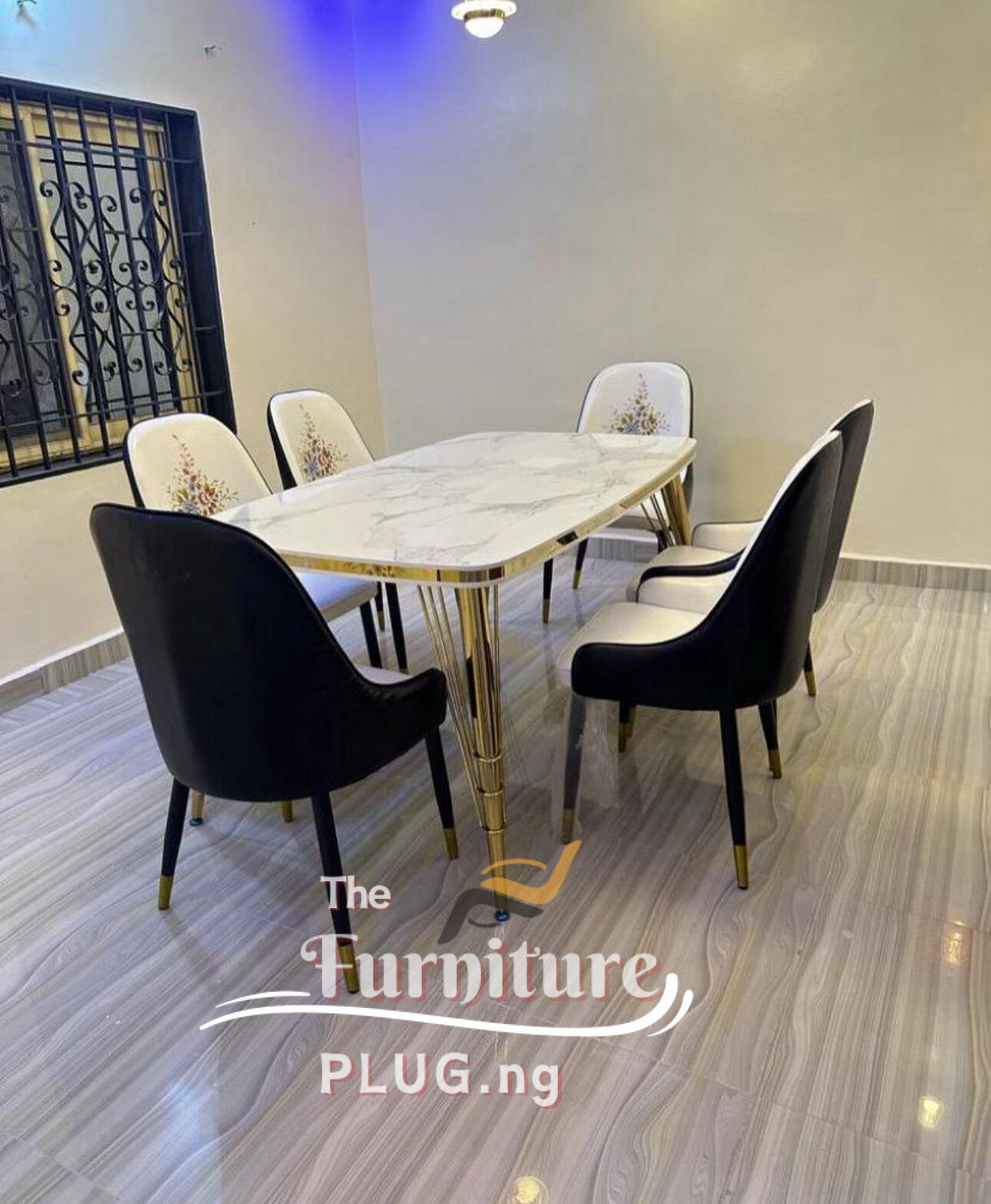 Luxury 6 Seater Dining Set - Marble Design Wooden Top 1 Luxury 6 Seater Dining Set - Marble Design Wooden Top