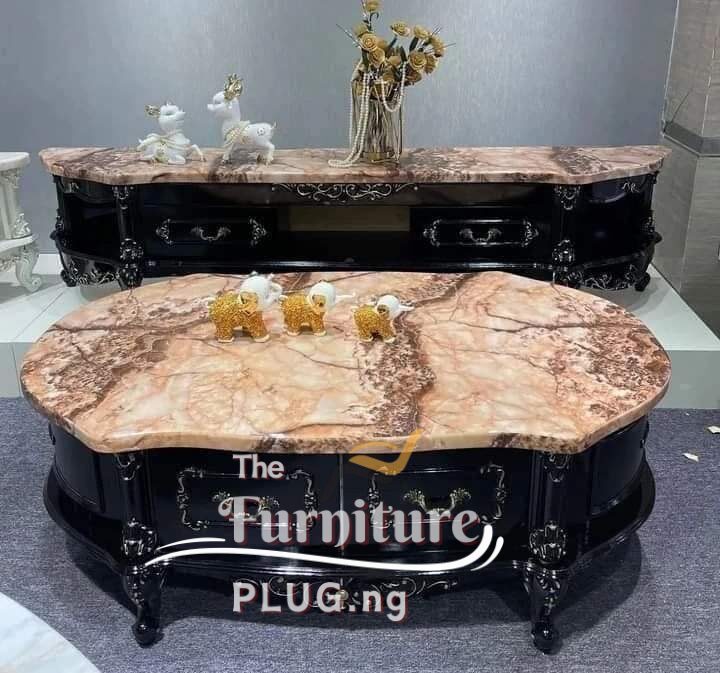 Luxury Royal Living Room TV Stand and Center Table Set - Marble Top 3 royal marble top center table and side stool set
